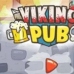 Logotipo colorido con un tarro de cerveza, una calavera y el texto Viking Pub sobre un fondo de taberna