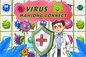 Dibujo de un médico con un escudo, rodeado de virus coloridos sobre un fondo de fichas
