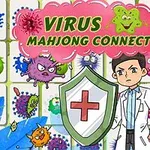 Dibujo de un médico con un escudo, rodeado de virus coloridos sobre un fondo de fichas