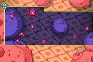Criaturas rosadas y moradas esparcidas sobre un fondo cuadriculado con diseños geométricos y un área destacada en el centro