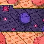 Criaturas rosadas y moradas esparcidas sobre un fondo cuadriculado con diseños geométricos y un área destacada en el centro