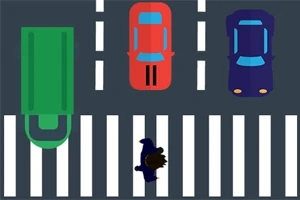 Vista aérea de un cruce peatonal con un personaje cruzando entre varios vehículos en una carretera