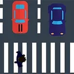 Vista aérea de un cruce peatonal con un personaje cruzando entre varios vehículos en una carretera
