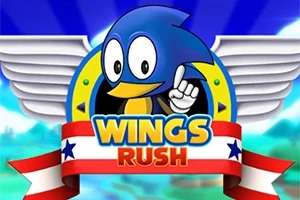 Ilustración de un ave azul caricaturizada con alas blancas y un letrero que dice Wings Rush
