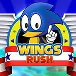 Ilustración de un ave azul caricaturizada con alas blancas y un letrero que dice Wings Rush