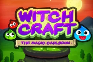 Ilustración colorida con letras decorativas Witch Craft: The Magic Cauldron sobre un caldero mágico con personajes sonrientes en un paisaje nocturno