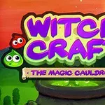 Ilustración colorida con letras decorativas Witch Craft: The Magic Cauldron sobre un caldero mágico con personajes sonrientes en un paisaje nocturno
