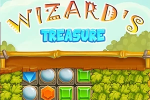 Título colorido Wizards Treasure con joyas y bloques de colores en un entorno natural