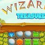 Título colorido Wizards Treasure con joyas y bloques de colores en un entorno natural