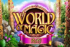 Título dorado y violeta World of Magic con temática de fantasía en un entorno de jardín encantado con columnas decorativas y plantas