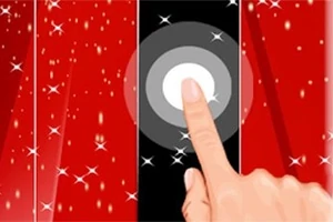 Dedo tocando un círculo blanco en una pantalla dividida en secciones roja y negra con destellos brillantes