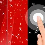 Dedo tocando un círculo blanco en una pantalla dividida en secciones roja y negra con destellos brillantes