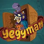 Un personaje caricaturesco con sombrero y nariz prominente sosteniendo un objeto saliendo de una caja fuerte, con el texto Yeggman