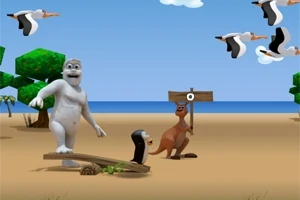Un personaje blanco animado en una playa junto a un pingüino, un canguro y pelícanos volando en el cielo