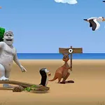 Un personaje blanco animado en una playa junto a un pingüino, un canguro y pelícanos volando en el cielo