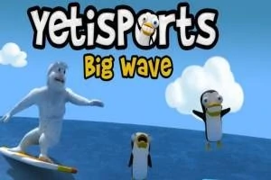 Un yeti surfeando acompañado de dos pingüinos sobre olas en un océano bajo un cielo azul