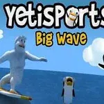 Un yeti surfeando acompañado de dos pingüinos sobre olas en un océano bajo un cielo azul