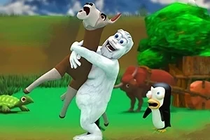 Un personaje abominable de las nieves sostiene a un ciervo en un entorno de bosque mientras un pingüino y otros animales observan