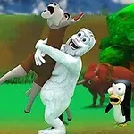 Un personaje abominable de las nieves sostiene a un ciervo en un entorno de bosque mientras un pingüino y otros animales observan