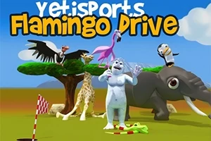 Un grupo de animales incluyendo un oso polar, una jirafa, un elefante, un flamenco, un buitre y un pingüino en un paisaje de naturaleza bajo un cielo azul, con un letrero en la parte superior