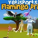 Un grupo de animales incluyendo un oso polar, una jirafa, un elefante, un flamenco, un buitre y un pingüino en un paisaje de naturaleza bajo un cielo azul, con un letrero en la parte superior