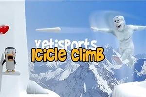 Un pingüino sorprendido junto a un Yeti que salta en un paisaje nevado con montañas al fondo