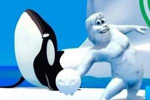 Un Yeti blanco sostiene una bola de nieve junto a una orca sobre un fondo azul y blanco