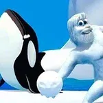 Un Yeti blanco sostiene una bola de nieve junto a una orca sobre un fondo azul y blanco