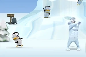 Pingüinos y un yeti animado en un paisaje nevado