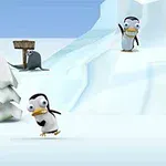 Pingüinos y un yeti animado en un paisaje nevado