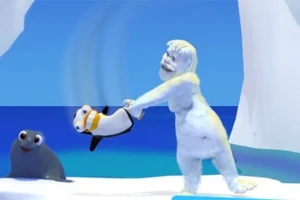 Criatura peluda blanca lanza a un pingüino mientras una foca los observa sobre un paisaje helado junto al mar