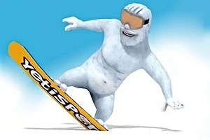 Un yeti blanco haciendo snowboard con una tabla amarilla y gafas de sol naranjas sobre nieve