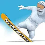 Un yeti blanco haciendo snowboard con una tabla amarilla y gafas de sol naranjas sobre nieve