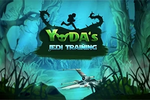 Escena de un bosque pantanoso con una nave espacial medio sumergida en el agua y un letrero destacado que dice Yodas Jedi Training