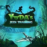 Escena de un bosque pantanoso con una nave espacial medio sumergida en el agua y un letrero destacado que dice Yodas Jedi Training
