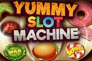 Texto colorido que dice Yummy Slot Machine en medio de imágenes de donas, hamburguesa y símbolos de tragamonedas