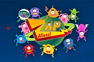 Personajes alienígenas coloridos alrededor de un planeta con el texto Zap Aliens!