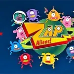 Personajes alienígenas coloridos alrededor de un planeta con el texto Zap Aliens!
