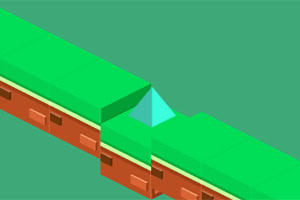 Camino isométrico verde con bloques marrones y una pendiente azul en el centro