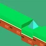 Camino isométrico verde con bloques marrones y una pendiente azul en el centro