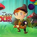 Un duende con sombrero marrón sostiene un instrumento en un bosque colorido con hongos grandes y frutos