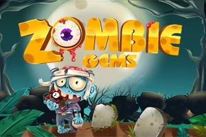 Un zombie caricaturesco sostiene un reloj en un cementerio con una luna llena de fondo y el título Zombie Gems