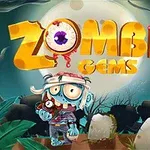 Un zombie caricaturesco sostiene un reloj en un cementerio con una luna llena de fondo y el título Zombie Gems