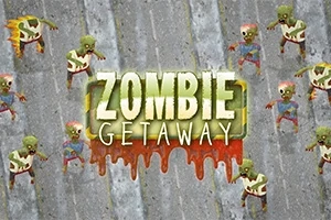 Zombis animados rodean letras grandes y verdes que dicen Zombie Getaway sobre un fondo de carretera