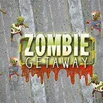 Zombis animados rodean letras grandes y verdes que dicen Zombie Getaway sobre un fondo de carretera
