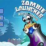 Pantalla de inicio con un personaje zombie en un cañón, rodeado de un paisaje invernal y botones de navegación