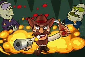 Hombre con sombrero vaquero y bigote disparando una escopeta, rodeado de explosiones y dos criaturas verdes