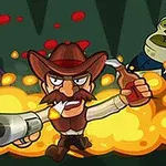 Hombre con sombrero vaquero y bigote disparando una escopeta, rodeado de explosiones y dos criaturas verdes