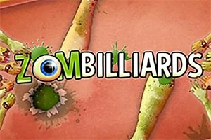 Título Zombilliards con un diseño colorido, rodeado de cuerpos de zombis verdes en el fondo