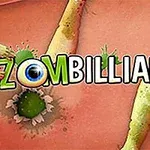 Título Zombilliards con un diseño colorido, rodeado de cuerpos de zombis verdes en el fondo